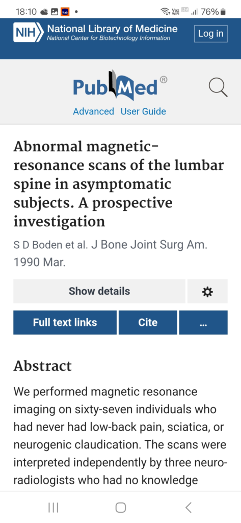 estudo cientifico da pubmed que fala sobre a relação entre dor lombar e sua associação com resultados de exames de imagem